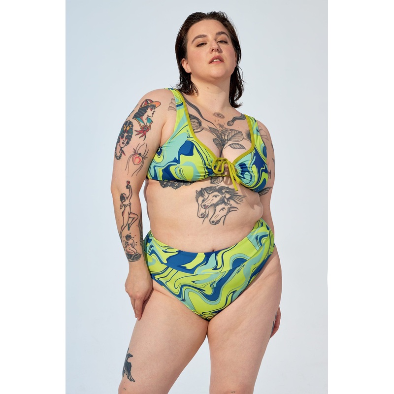 ANALIE  High waist bikini bottom in Green marble swirls print