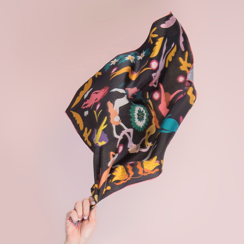 DORA NOLA - Neckerchief silk scarf - Chasing stories - 20" x 20"
