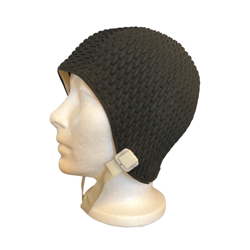 Black swim cap with chin strap