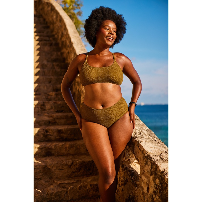 Olive textured adjustable string tank top with high leg standard bottom