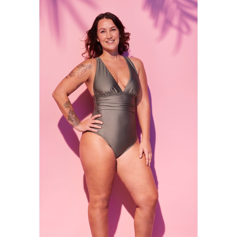Sage shirred halter one piece