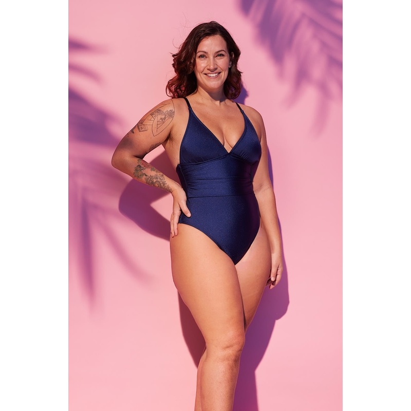 Shiny Navy Shirred halter one piece