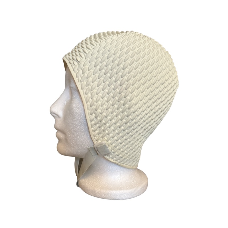 White swim cap with chin strap