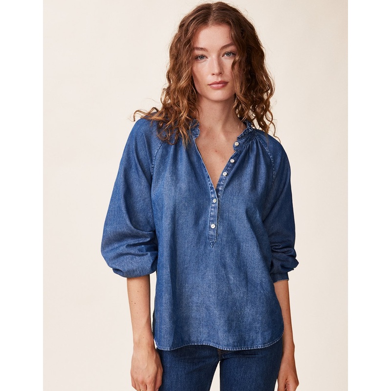 cotton chambray ruffle blouse