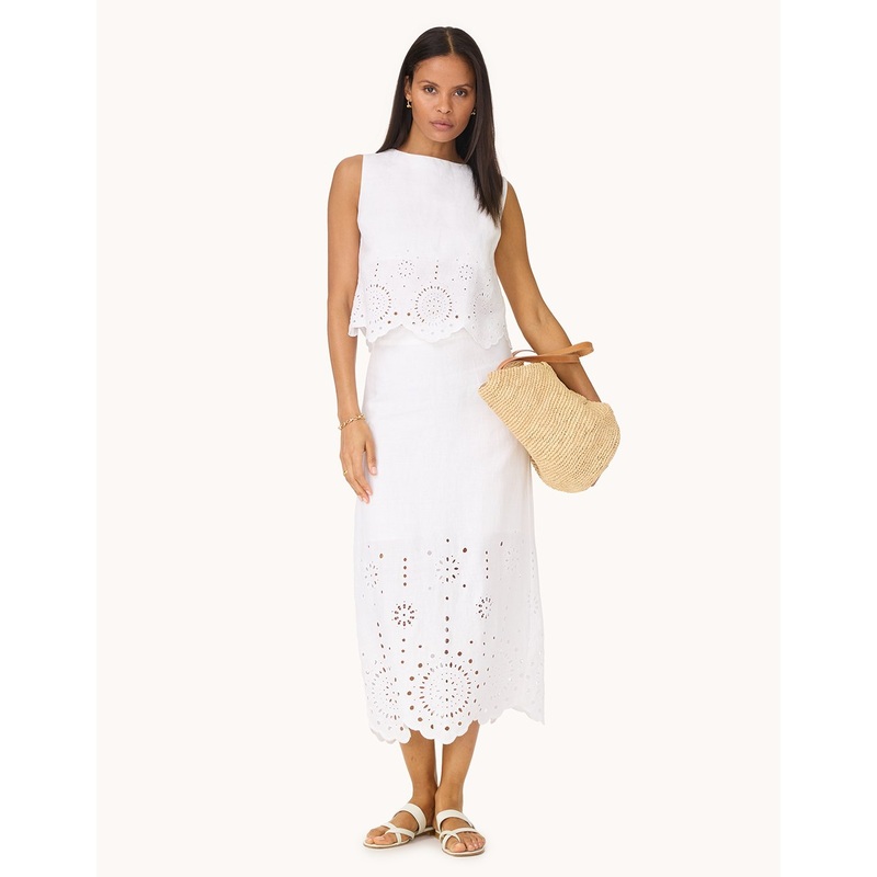 embroidered linen pencil skirt