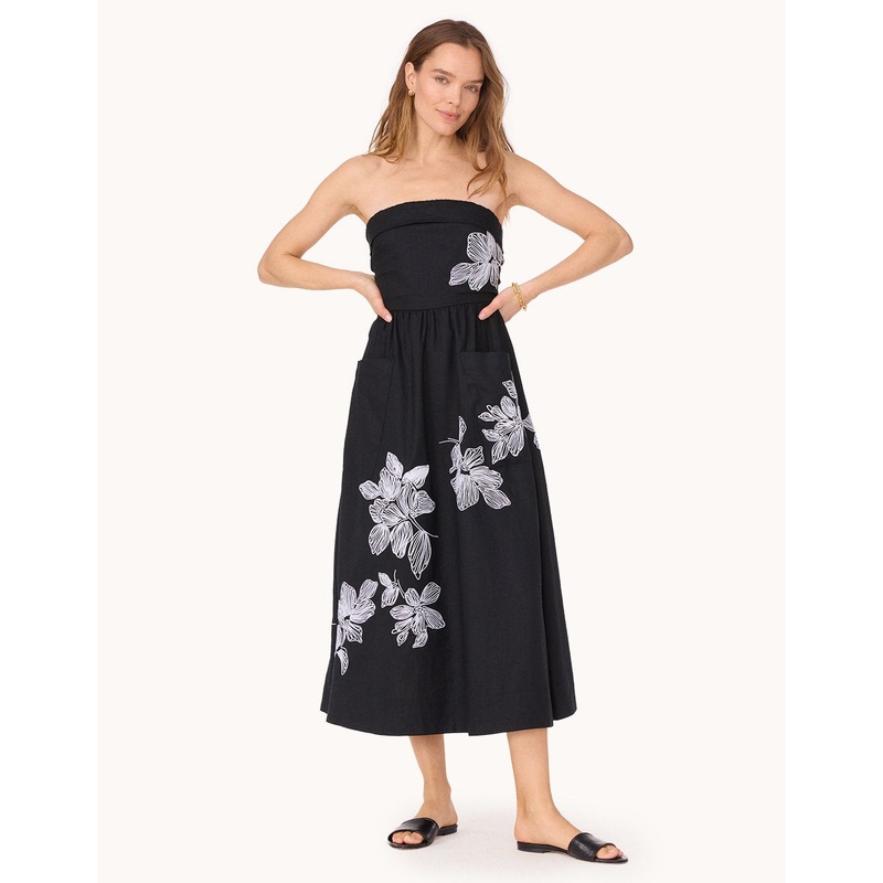 strapless embroidered linen dress