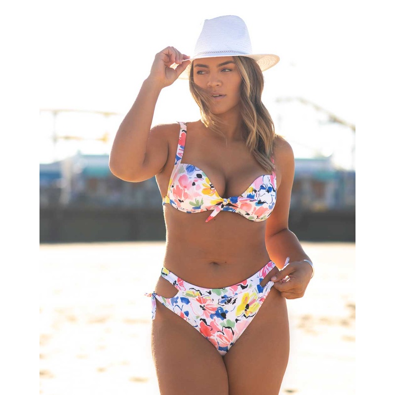 Tie Front Racerback Swimsuit Top & Side High Waist Bottom