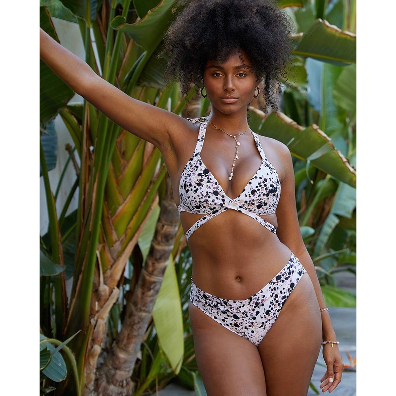 Envy Push Up Printed Padded Cross Halter Top and Printed V High Waist High Leg Bottom