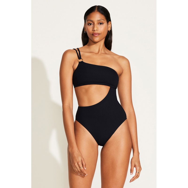 Cosmo One Shoulder One Piece - Black EcoRib
