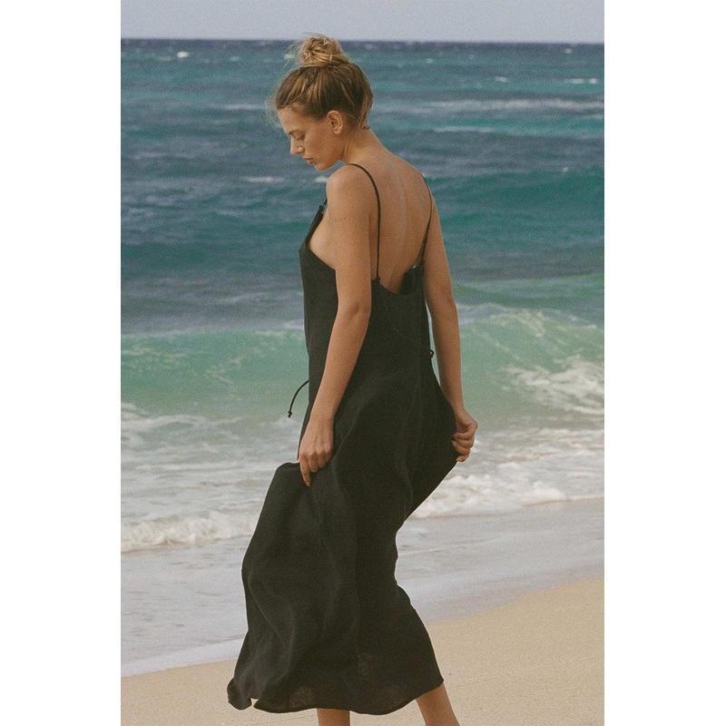 Mari Maxi Dress - Black Crinkle Linen