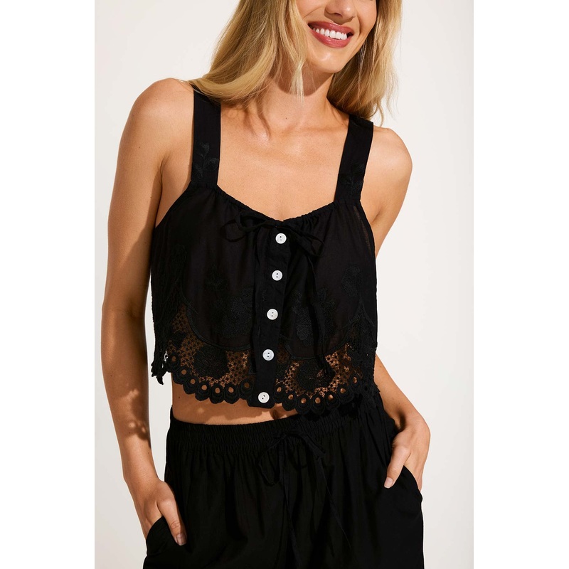 Flora Tank - Black Beachside Broderie