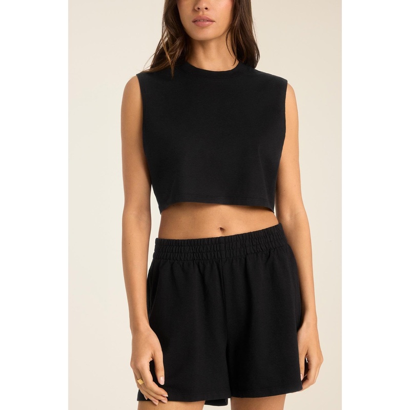 Coast Crop Muscle Tank - Black Cotton Jersey