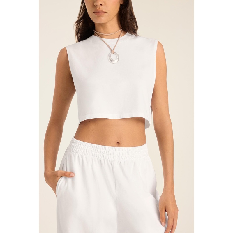 Coast Crop Muscle Tank - White Cotton Jersey