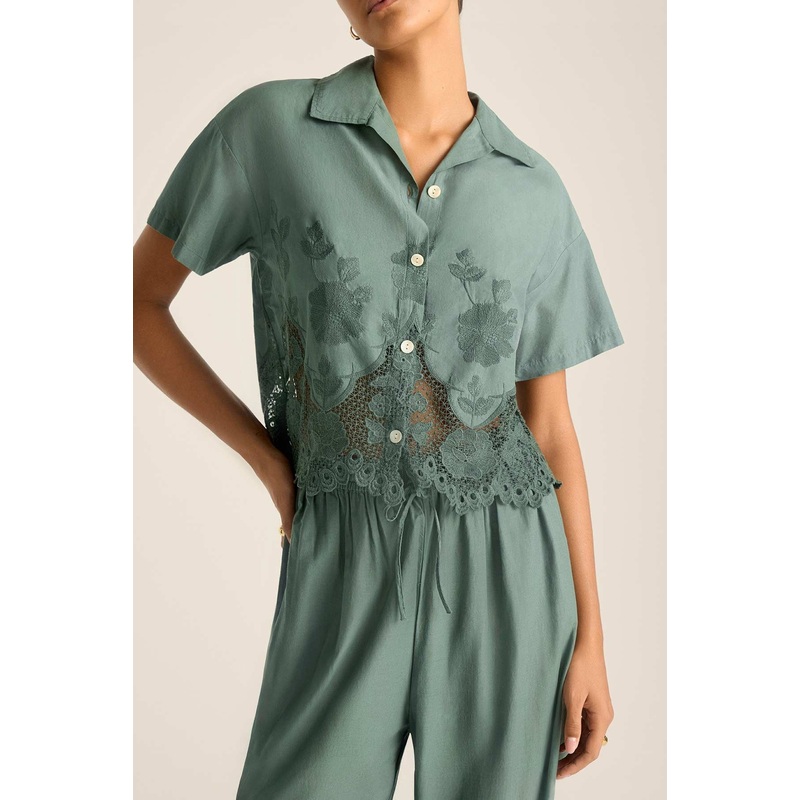 Flora Cropped Shirt - Sea Green Beachside Broderie