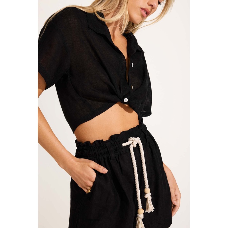 Hana Cropped Shirt - Black EcoLinen
