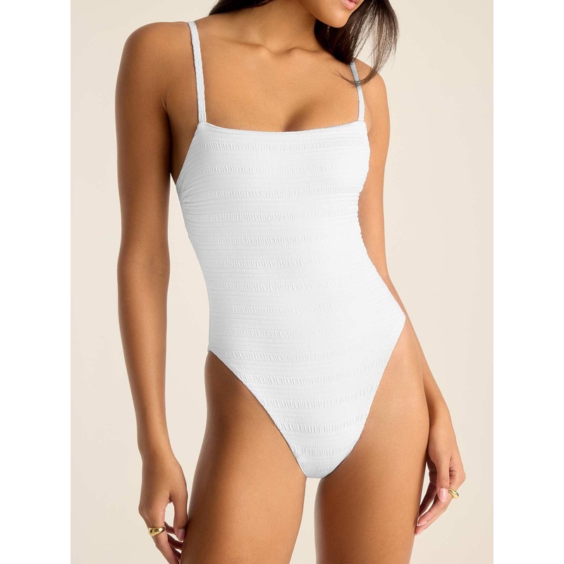 Jenna High Leg One Piece - White Seersucker Stripe