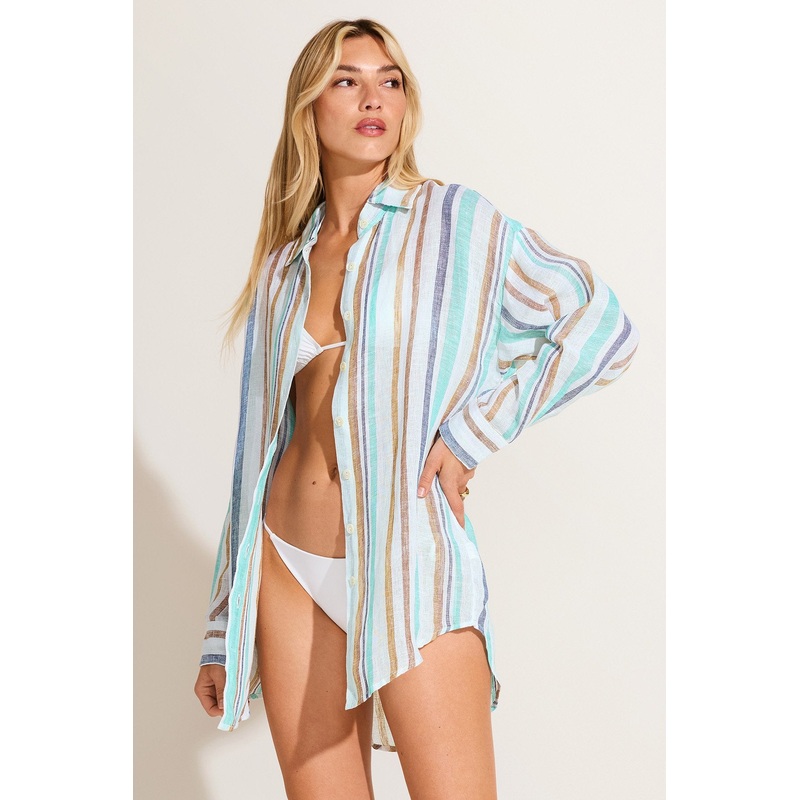 Playa Linen Boyfriend Shirt - Tidal Stripe EcoLinen