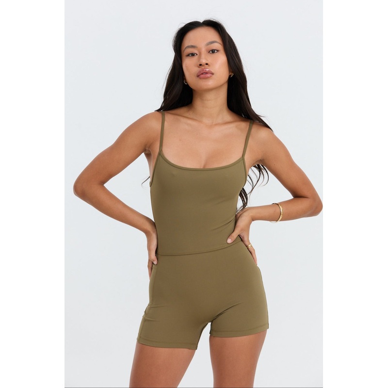Benoa Active Square Neck Romper 3" in  Khaki