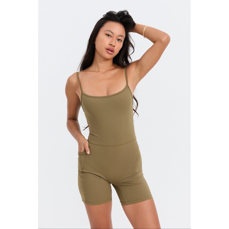 Benoa Active Square Neck Romper 5" in  Khaki
