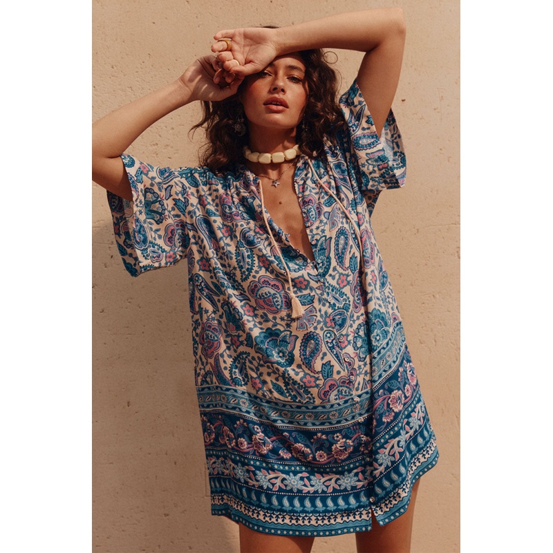 SPELL Marmont Flutter Tunic Dress in Lapis