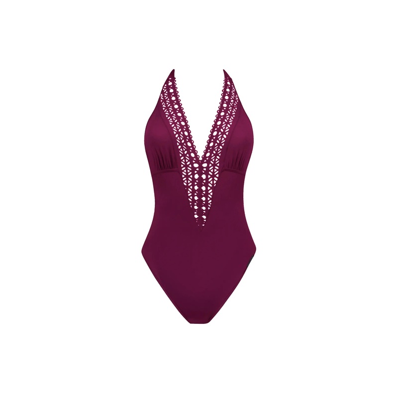 Lise Charmel Swimwear - Ajourage Couture Plunging Back And Front Halter Swimsuit Ajourage Prune