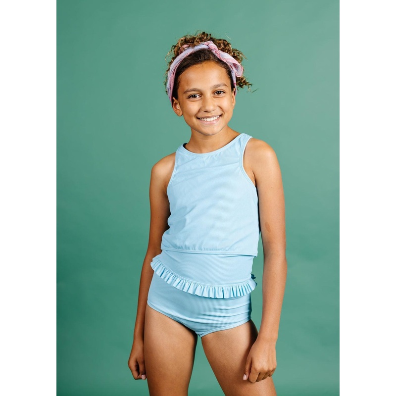 Ribbed Fresh Blue | Youth Mid-Ruffle Bottoms