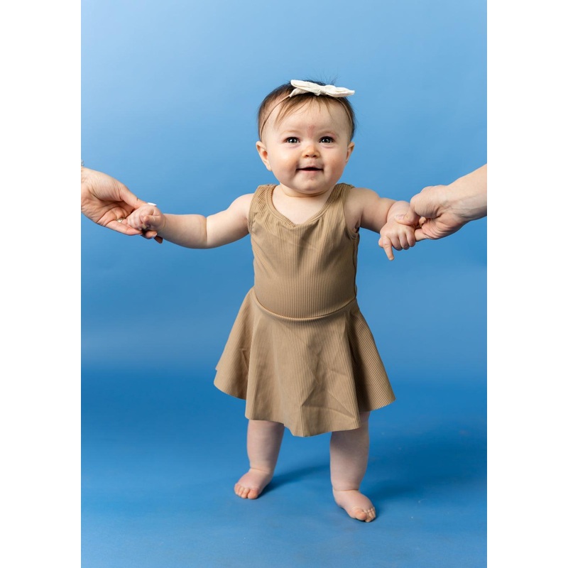 Ribbed Sand Brown | Baby Skirted One-Piece