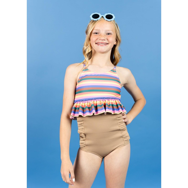 Ribbed Sand Brown | Youth Down in Front Ruffle Bottoms