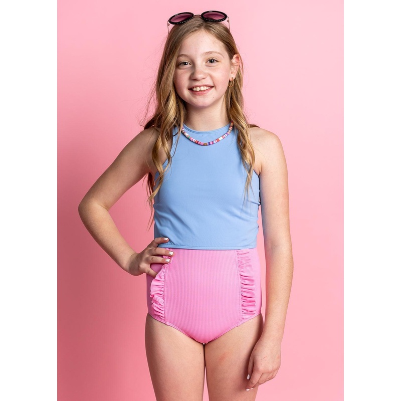 Ribbed Sweet Pink | Youth Down in Front Ruffle Bottoms