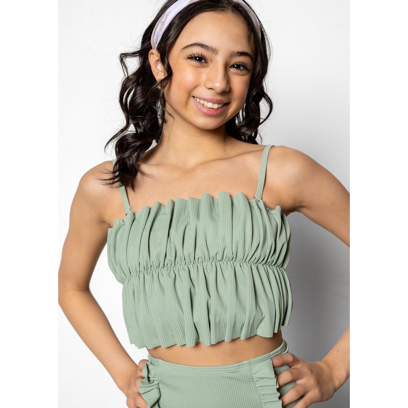 Ribbed Sage | Youth Oversized Ruffle Top