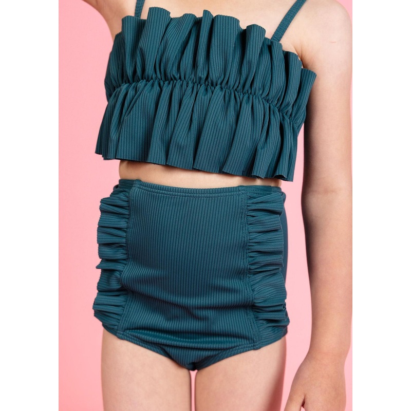 Ribbed Midnight Teal | Mini Down in Front Ruffle Bottoms