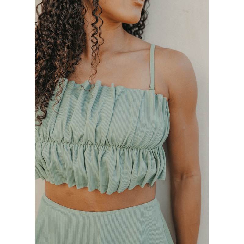 Ribbed Sage | Oversized Ruffle Top