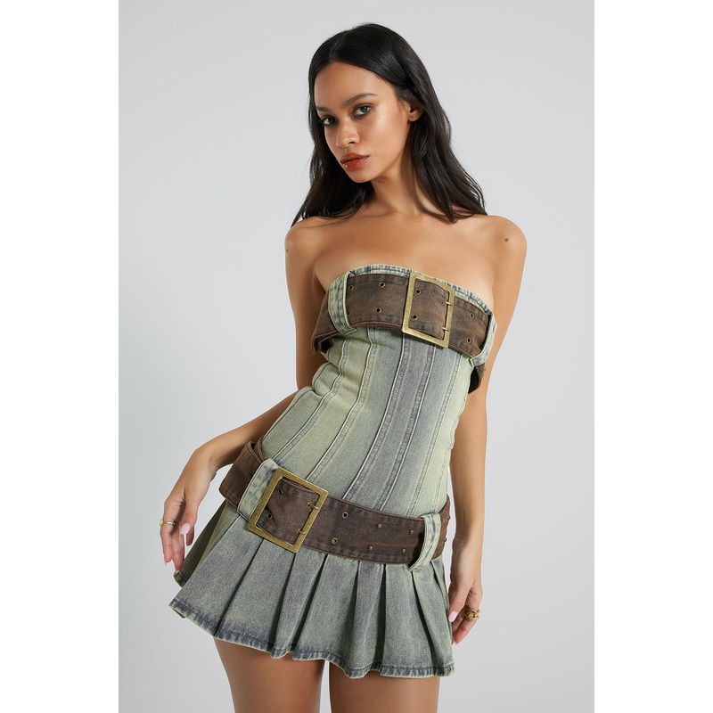 Chelsea Denim Kilt Mini Dress