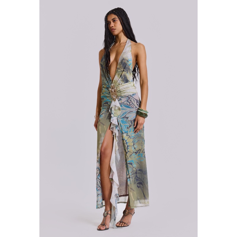 Cindy Plunge Maxi Dress In Green