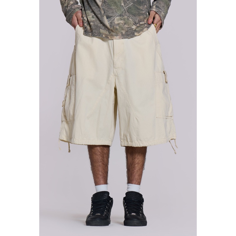 Ecru Parachute Cargo Baggy Shorts