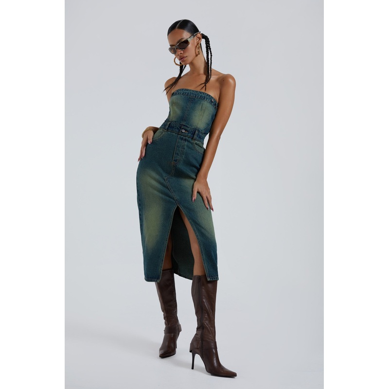 Liberty 2 In 1 Detachable Denim Blue Midi Dress