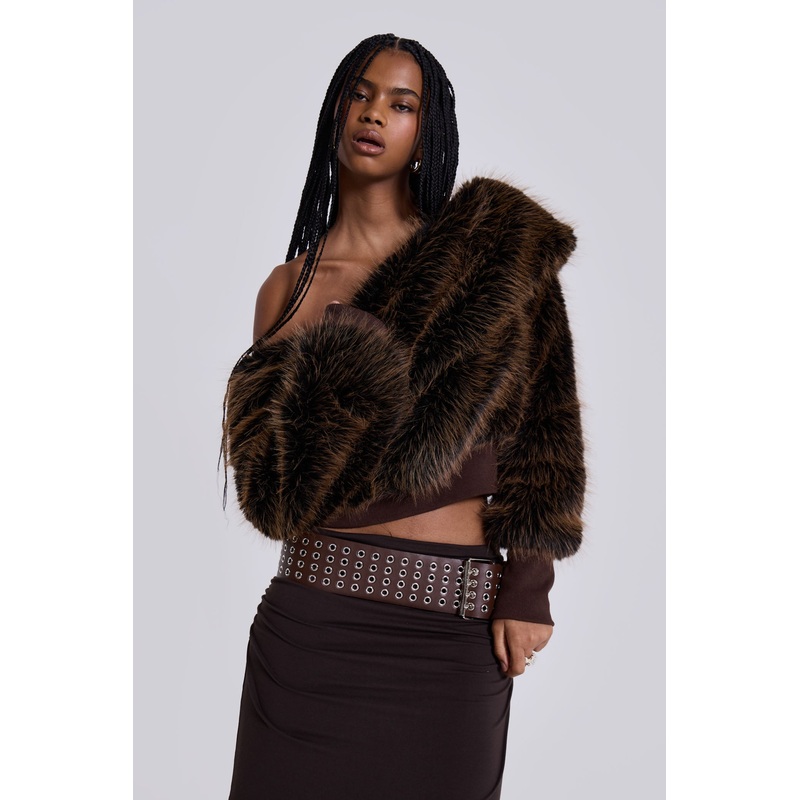 316 Off The Shoulder Fur Jumper in Brown