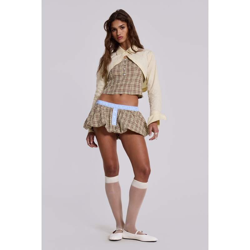 Brown Checked Lulu Puffball Boxer Micro Skirt