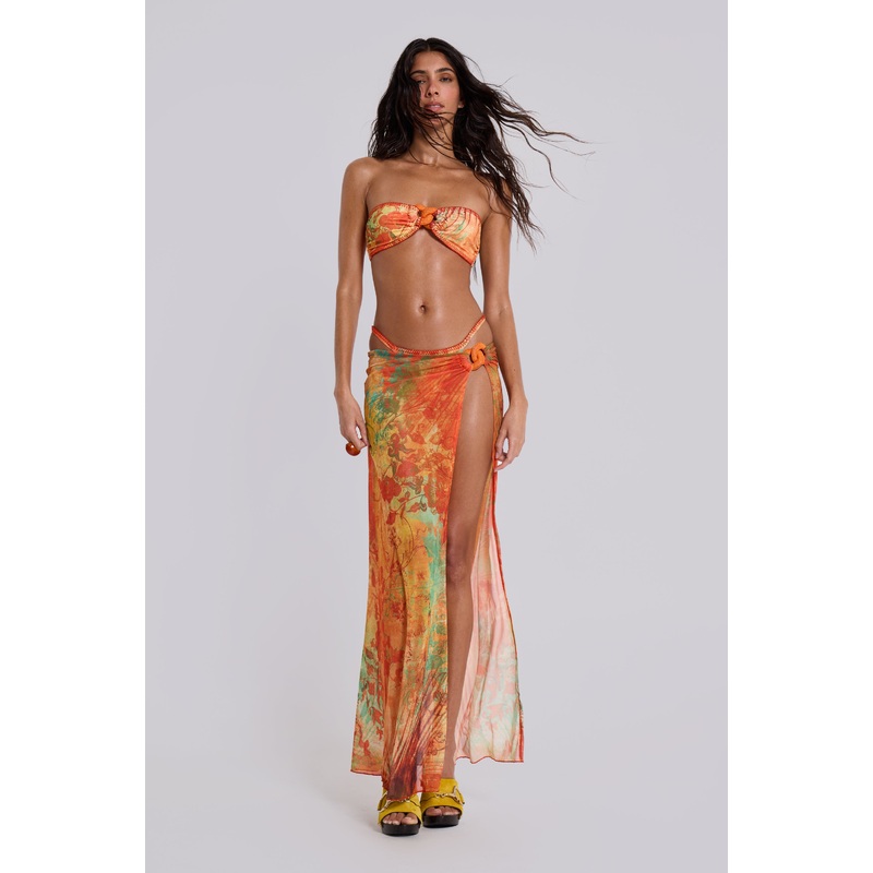 Mari Asymmetric Maxi Skirt With Rattan Trim