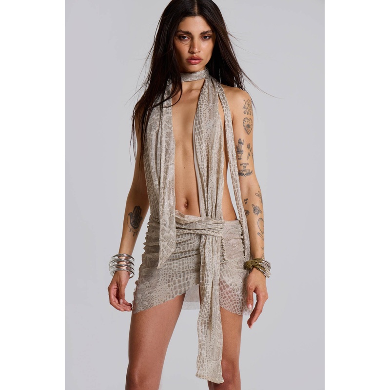Spyro Snakeskin Plunge Mini Dress