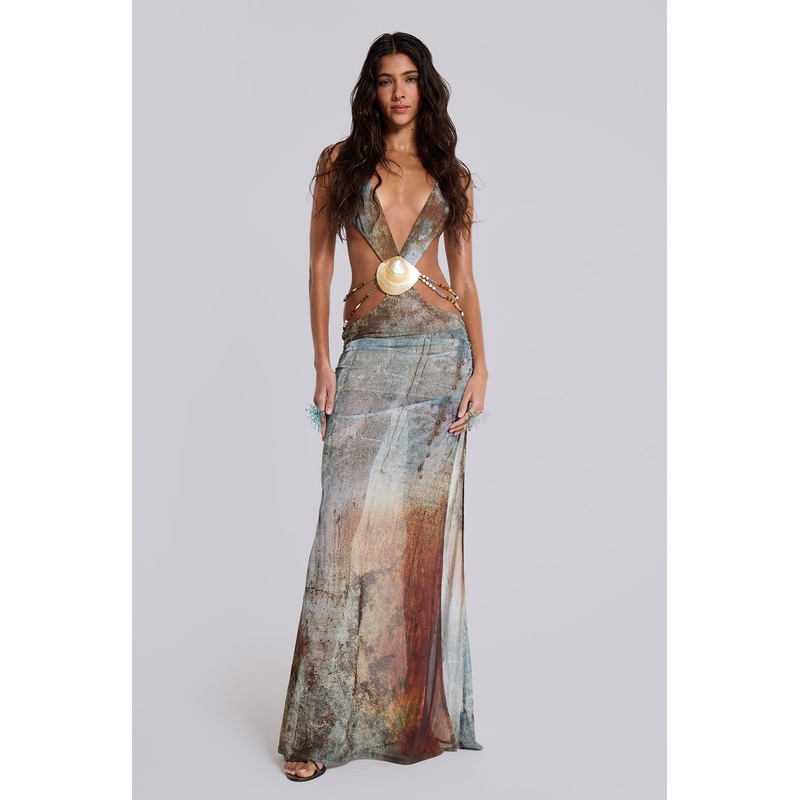 Vida Backless Maxi Dress With Shell Trim in Marine