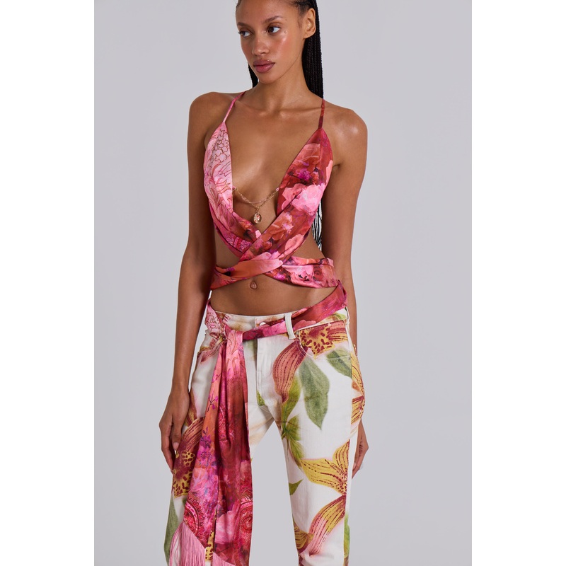 Ayla Satin Backless Plunge Wrap Top In Rosa