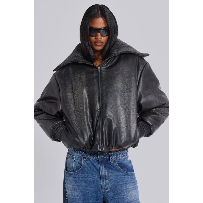 Black Alloy Vegan Leather Bomber Jacket