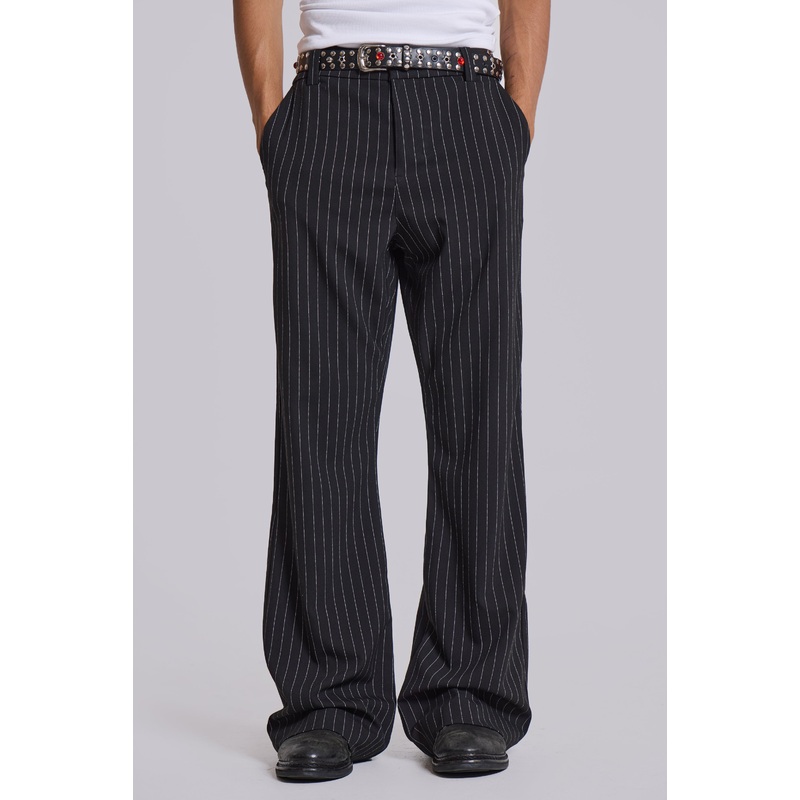 Black Pinstripe Stacked Bootcut Suit Pants