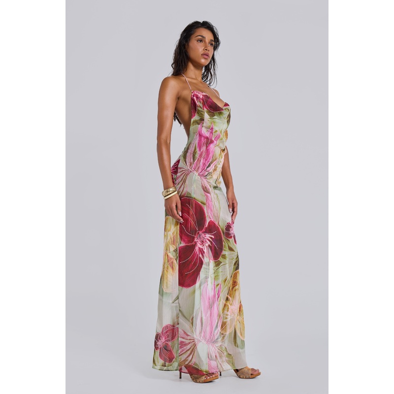 Dahlia Hand-Beaded Backless Chiffon Maxi Dress in Rosa
