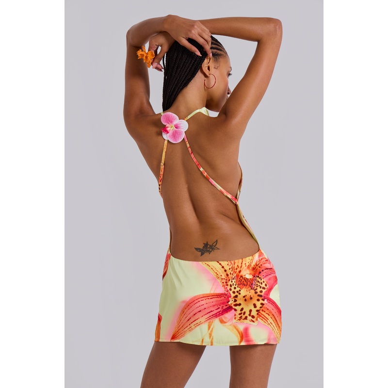 Lucia Backless Mini Dress With Flower Detail