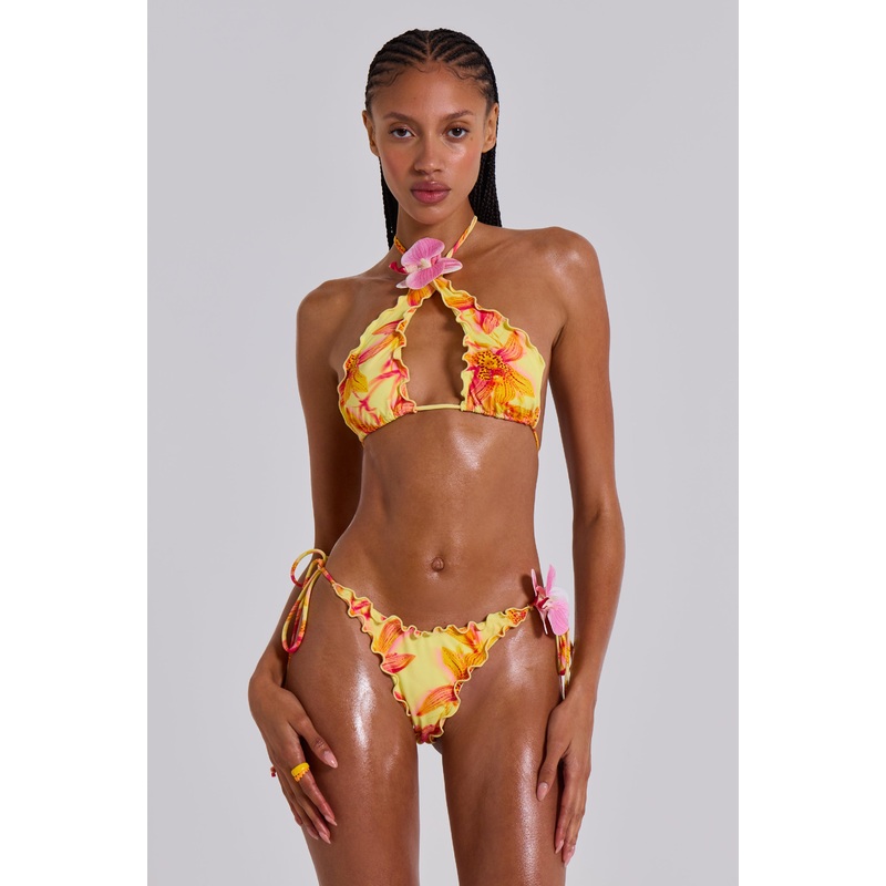 Lucia Ruffle Halter Bikini Top with Flower Detail