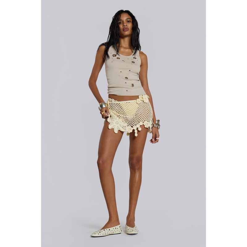 Stone Crochet Asymmetric Mini Skirt