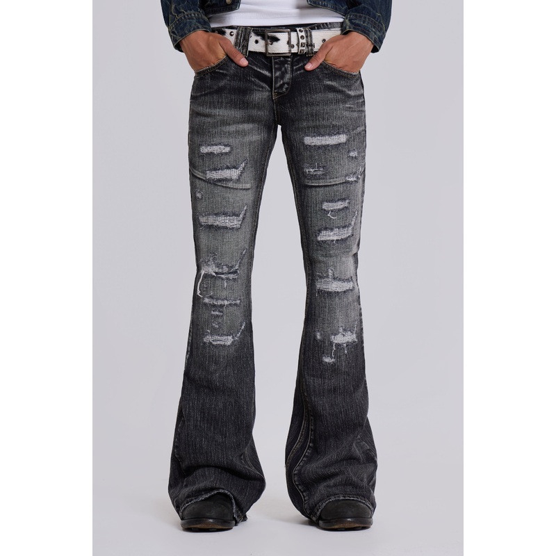 Washed Black Laced Flared Jeans