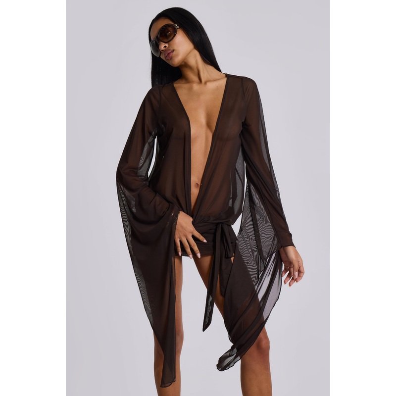 Aria Mesh Plunge Mini Dress in Brown